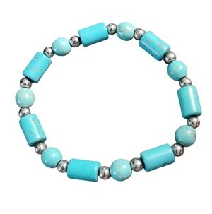 Turquoise Silvertone Beaded Stretch Bracelet